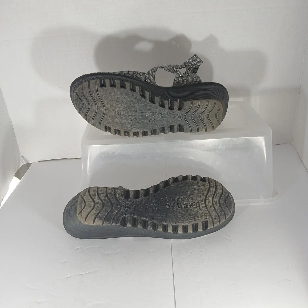 Bernie Mev Wedge Sandals 38 Silver Black Metallic Woven Elastic Platform Comfort